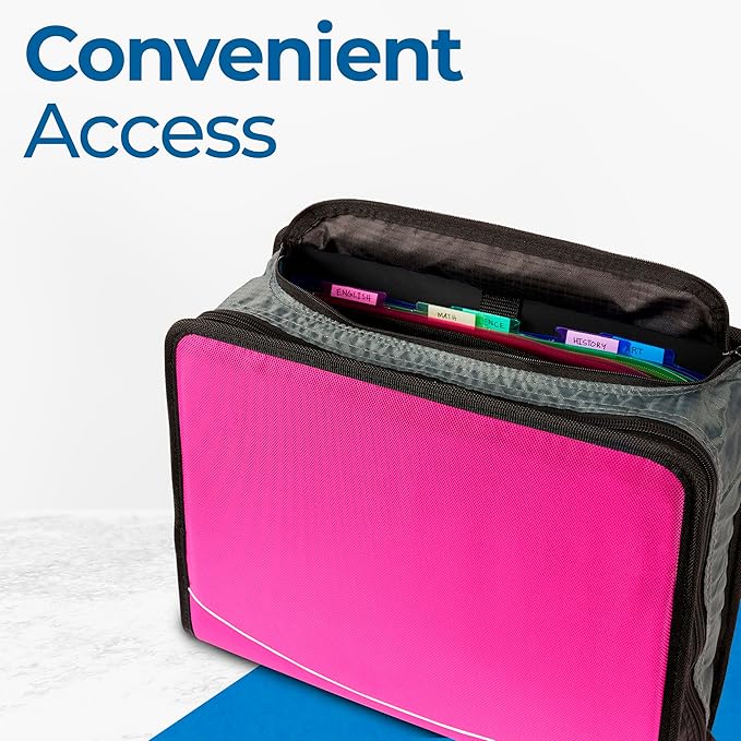 Case-it Mighty Zip Tab School Zipper Binder | 3-Inch O-Rings, 600-Sheet Capacity, 5-Subject Expanding File Folder, Multiple Pockets & Storage Organizer, Shoulder Strap | D-146 Magenta | 6 Pack