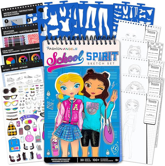 Fashion Angels School Spirit Sketch Set, Includes Sketch Pad with Stencils & Stickers, Fashion Design Sketch Book for Girls, Ideal Drawing Kit for Kids