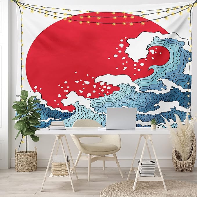 Ambesonne Japanese Wave Tapestry, Big Red Sun Setting Scenery Tropical Nautical Tsunami Swirls, Fabric Wall Hanging Decor for Bedroom Living Room Dorm, 23" X 28", Red Blue White