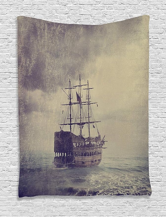 Ambesonne Nautical Tapestry, Old Pirate Ship in the Sea Historical Cruise Retro Voyage Grunge Style Art, Wall Hanging for Bedroom Living Room Dorm Decor, 60" X 80", Tan Plum