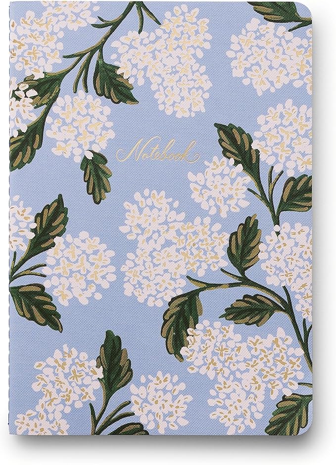 RIFLE PAPER CO. Stitched Notebook Set, 3-Pack Lined Journals with Canvas Paper Cover, Gold Foil Accents & 64 White Ruled Pages, Lay Flat Design | Hydrangea Pattern