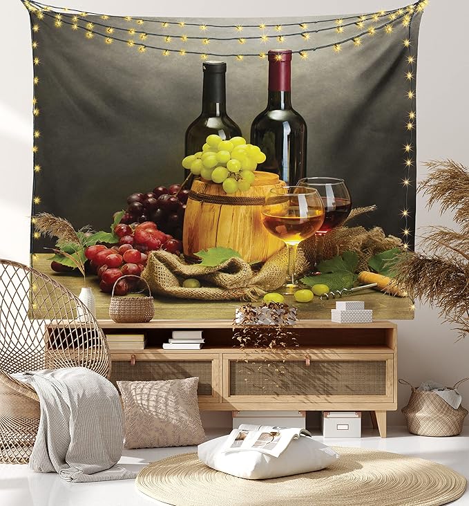 Ambesonne Winery Tapestry King Size, Cask Bottles and Glasses of Wine and Ripe Grapes on Wooden Table Picture Print, Wall Hanging Bedspread Bed Cover Wall Decor, 104" X 88", Grey Taupe