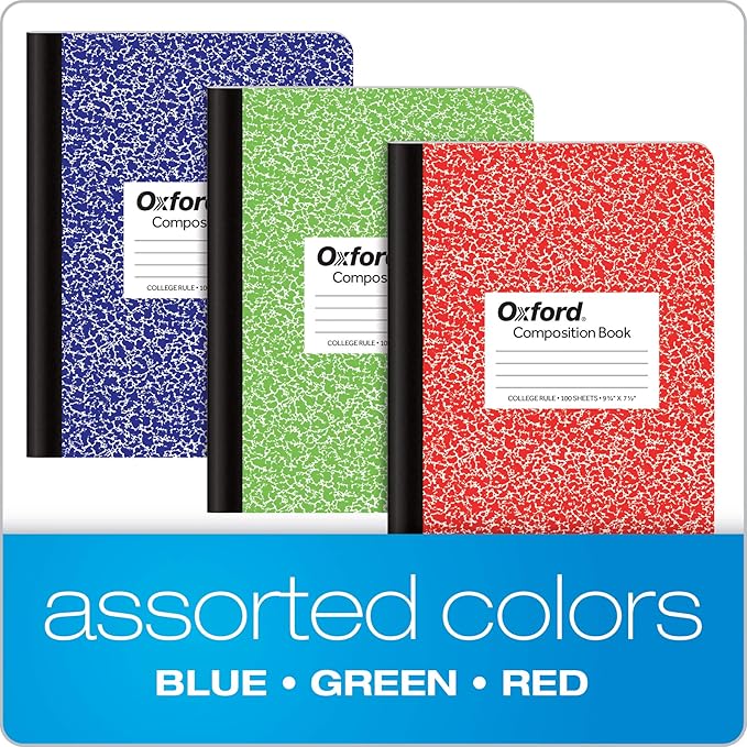 Oxford Composition Notebook,College Ruled Paper,9-3/4 x 7-1/2 Inches,100 Sheets,Assorted Marble Covers. 2 Each: Blue,Green,Red (63763),6 Count (Pack of 4)