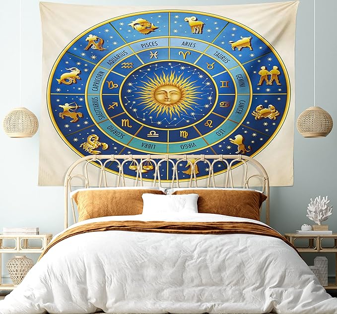 Ambesonne Astrology Tapestry King Size, Wheel of Astrological Signs Names Dates Moon Sun in Middle, Wall Hanging Bedspread Bed Cover Wall Decor, King Size, Blue Yellow and Cream