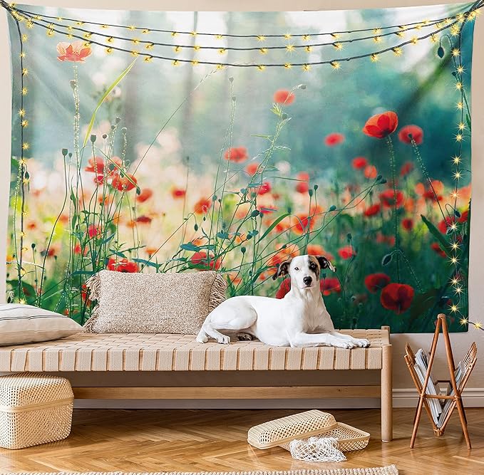Ambesonne Nature Tapestry, Wild Red Poppy Flowers Field Summertime Sunbeams Gardening Bedding Plants, Wide Wall Hanging for Bedroom Living Room Dorm, 80" X 60", Red Green Yellow