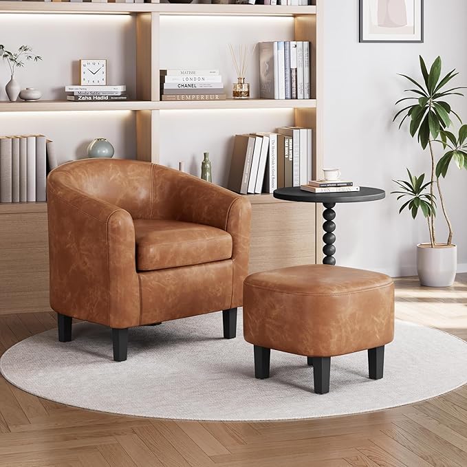 Yaheetech Accent Chair with Ottoman Foot Rest, PU Leather Mid Century Modern Upholstered Soft Barrel Chair Comfy Armchair and Footrest Set for Living Room/Bedroom/Reading Room, Brown, Set of 2