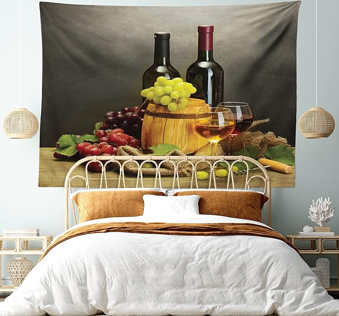 Ambesonne Winery Tapestry King Size, Cask Bottles and Glasses of Wine and Ripe Grapes on Wooden Table Picture Print, Wall Hanging Bedspread Bed Cover Wall Decor, 104" X 88", Grey Taupe