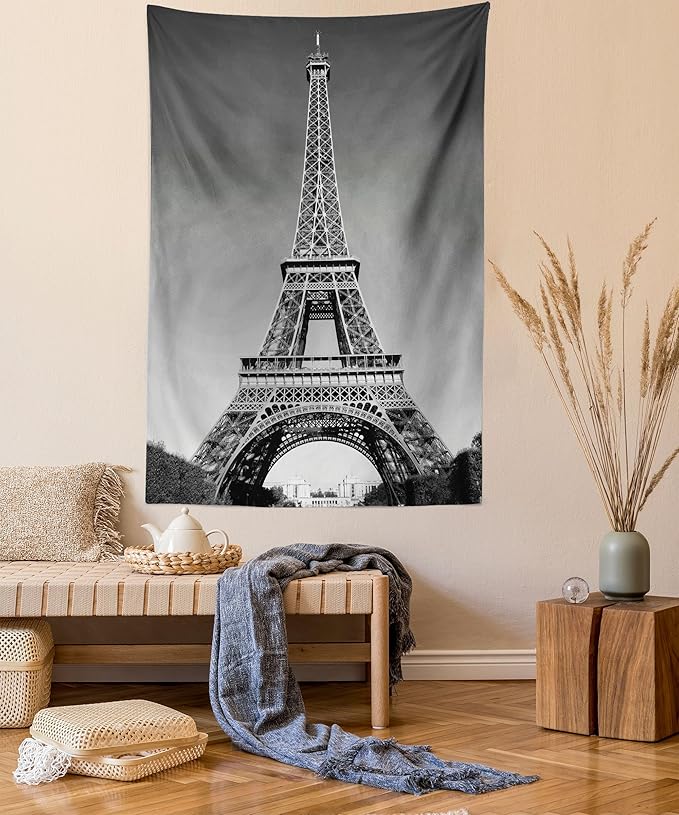 Ambesonne Eiffel Tower Tapestry Queen Size, Paris Landmark Monochrome Picture of Cityscape European Urban Famous Place Image, Wall Hanging Bedspread Bed Cover Wall Decor, 88" X 88", Grey