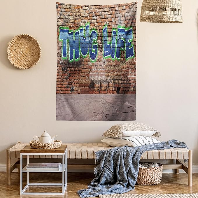 Ambesonne Thug Life Tapestry Twin Size, Graffiti Style Words on a Brick Wall Street Urban Art Hip Hop Rap Culture Theme, Wall Hanging Bedspread Bed Cover Wall Decor, 68" X 88", Brown Blue