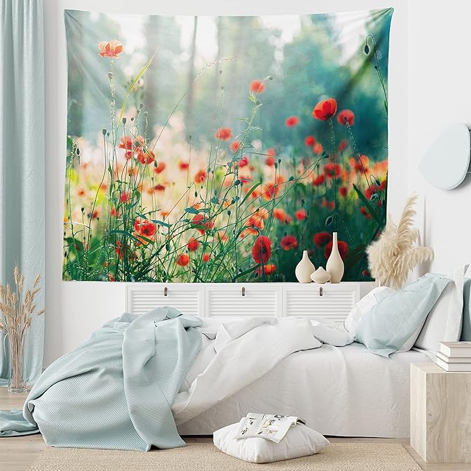 Ambesonne Nature Tapestry, Wild Red Poppy Flowers Field Summertime Sunbeams Gardening Bedding Plants, Wide Wall Hanging for Bedroom Living Room Dorm, 80" X 60", Red Green Yellow
