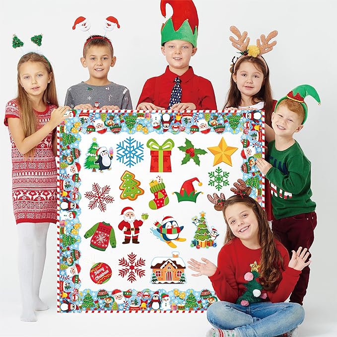 Merry Chritmas Bulletin Board Decoration Set - 83 Pcs Christmas Cutouts for Bulletin Board Decor with Border Xmas Holiday Wall Decals for Kids Teacher Classroom School Party Decoration Supplies