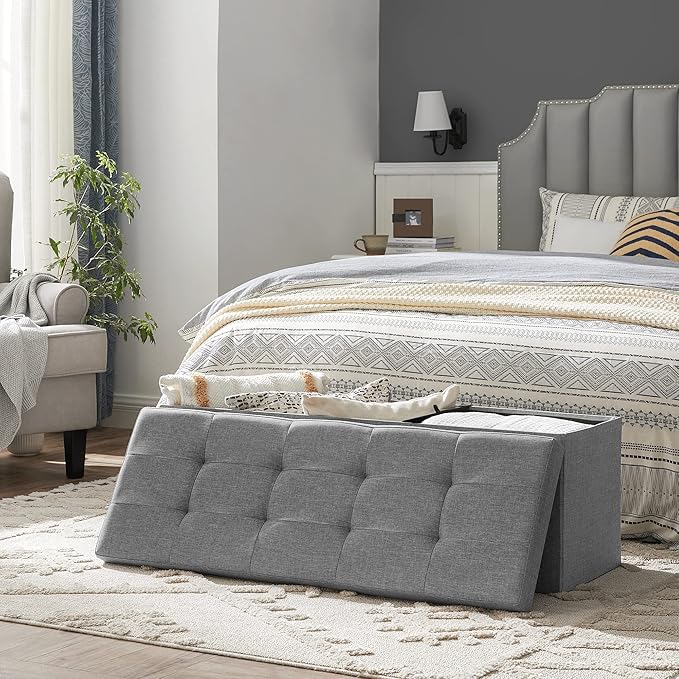 SONGMICS 43 Inches Folding Storage Ottoman Bench, Set of 2, Storage Chest, Foot Rest Stool, Bedroom Bench with Storage, Light Gray, ULSF422G02