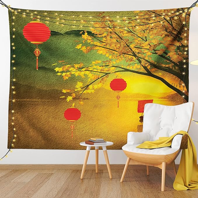 Ambesonne Oriental Tapestry, Traditional Chinese Folk Hanging from Pale Fall Trees Lake Faded Nature Photo, Fabric Wall Hanging Decor for Bedroom Living Room Dorm, 23" X 28", Yellow Green