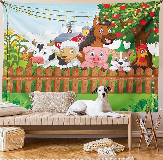 Ambesonne Cartoon Tapestry Twin Size, Composition Farm Animals on Fence Comic Mascots Dog Cow Horse Design, Wall Hanging Bedspread Bed Cover Wall Decor, 68" X 88", Green Multicolor