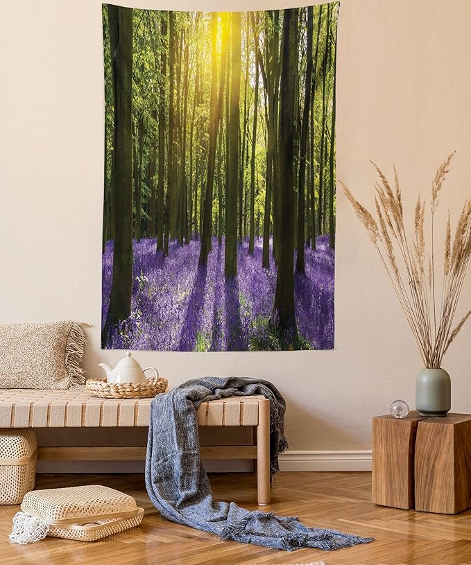 Ambesonne Woodland Tapestry, Sunbeams in the Forest of Bluebells Blooms Deep in Woodland Oxfordshire, Fabric Wall Hanging Decor for Bedroom Living Room Dorm, 30" X 45", Violet Green Yellow
