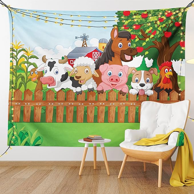 Ambesonne Cartoon Tapestry Twin Size, Composition Farm Animals on Fence Comic Mascots Dog Cow Horse Design, Wall Hanging Bedspread Bed Cover Wall Decor, 68" X 88", Green Multicolor