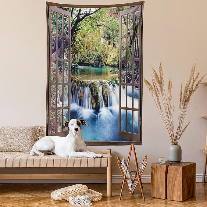Ambesonne Waterfall Tapestry, Wide Waterfall Deep down in the Forest Seen from a City Window Epic Surreal Print, Fabric Wall Hanging Decor for Bedroom Living Room Dorm, 23" X 28", Brown Black