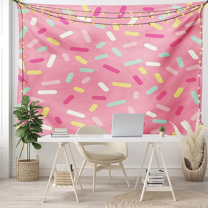 Ambesonne Pink and White Tapestry, Abstract Pattern of Colorful Donut Sprinkles Tasty Food Bakery Theme, Fabric Wall Hanging Decor for Bedroom Living Room Dorm, 28" X 23", Pink Yellow
