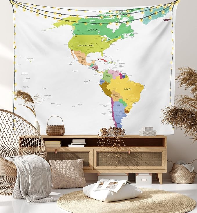 Ambesonne Map Tapestry Twin Size, Map of South and North America with Countries Capitals and Major Cities Colorful Design, Wall Hanging Bedspread Bed Cover Wall Decor, 68" X 88", Green White