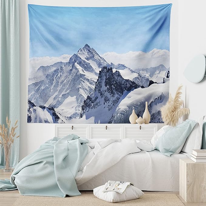 Ambesonne Winter Tapestry, Snowy Rocky Mountain Peaks Tops Scene High Lands ICY Frozen Swiss Outdoor Art, Wide Wall Hanging for Bedroom Living Room Dorm, 60" X 40", Blue and White