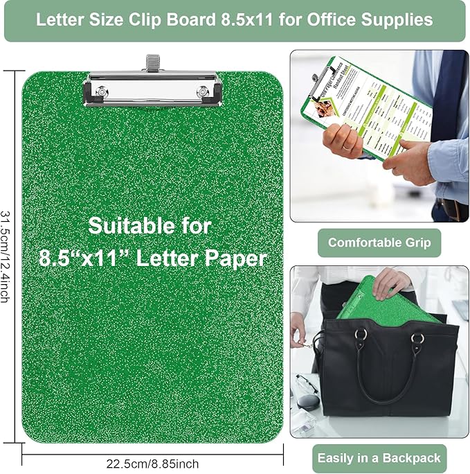 SFLHHDM Clear Glitter Clipboards, Plastic Clipboard with Pen Holder, Clip Boards 8.5x11 with Low Profile Clip, Cute Hanging Clip Board for Office School Supplies Sparkly Clipboard (Christmas Green)