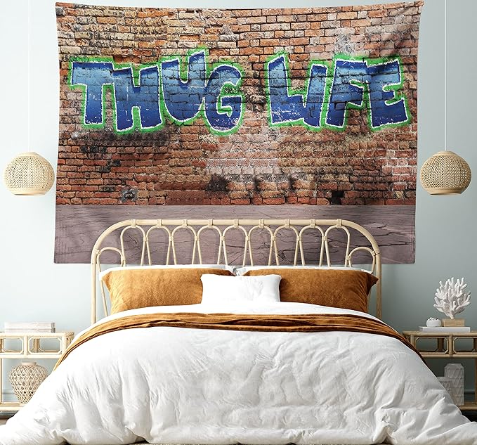 Ambesonne Thug Life Tapestry King Size, Graffiti Style Words on a Brick Wall Street Urban Art Hip Hop Rap Culture Theme, Wall Hanging Bedspread Bed Cover Wall Decor, 104" X 88", Brown Blue