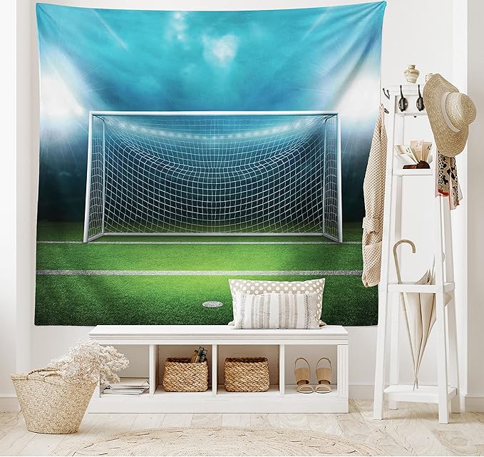 Ambesonne Soccer Tapestry, Soccer Goal Post Sports Area Winner Loser Line Floodlit Best Team Finals Game Theme, Fabric Wall Hanging Decor for Bedroom Living Room Dorm, 45" X 30", Green and Blue