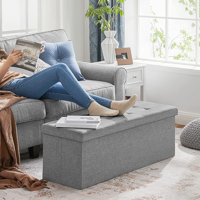 SONGMICS 43 Inches Folding Storage Ottoman Bench, Set of 2, Storage Chest, Foot Rest Stool, Bedroom Bench with Storage, Light Gray, ULSF422G02