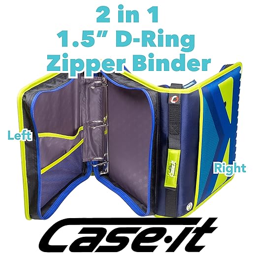 Case-it The Z Shape Zipper Binder - Two Binders in One - Double Sided 1.5 Inch D-Ring - Multiple Pockets - 500 Page Capacity - Comes with Shoulder Strap, Blue and Yellow Z-176