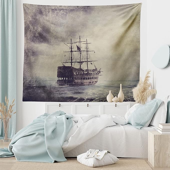 Ambesonne Nautical Tapestry King Size, Old Pirate Ship in the Sea Historical Cruise Retro Voyage Grunge Style Art, Wall Hanging Bedspread Bed Cover Wall Decor, 104" X 88", Tan Plum