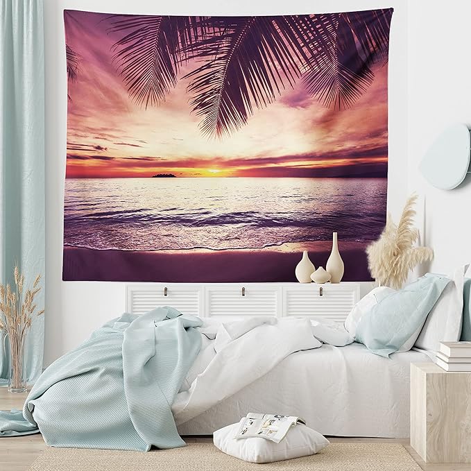 Ambesonne Palm Tree Tapestry, Tropical Beach Under Shadows at Sunset Ocean Waves Serenity of Paradise in Nature, Fabric Wall Hanging Decor for Bedroom Living Room Dorm, 28" X 23", Yellow Purple