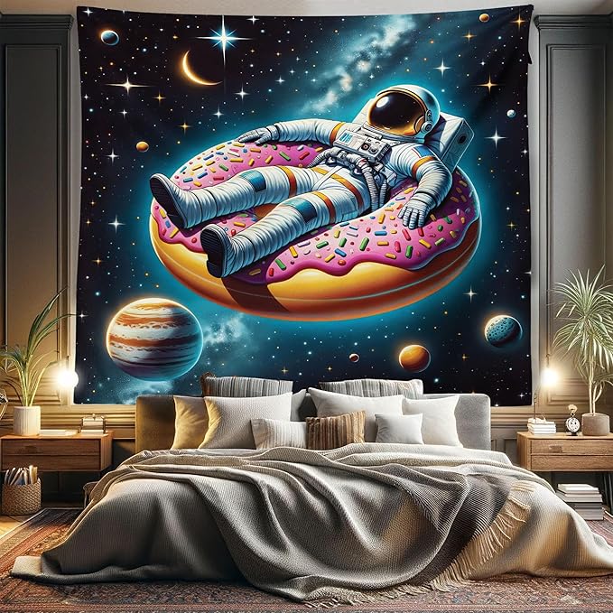 Ambesonne Funny Astronaut Tapestry King Size, Spaceman Floating on a Donut Through the Galaxies Planets Moon, Wall Hanging Bedspread Bed Cover Wall Decor, 104" X 88", Petrol Blue Pink Orange