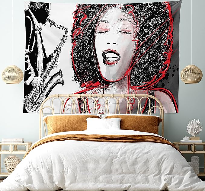 Ambesonne African Tapestry, Afro Lady Singing a Jazz Song with Saxophone Player Silhouette Vintage Design, Fabric Wall Hanging Decor for Bedroom Living Room Dorm, 45" X 30", Black Pale Grey