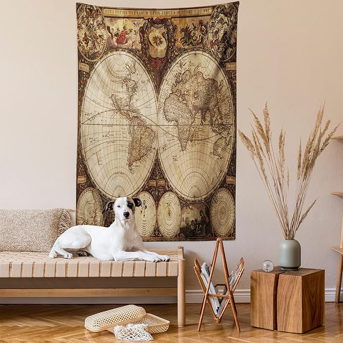 Ambesonne World Map Tapestry, Old World Map Drawn in 1720s Nostalgic Style Art Historical Atlas Vintage Design, Wall Hanging for Bedroom Living Room Dorm Decor, 40" X 60", Multicolor