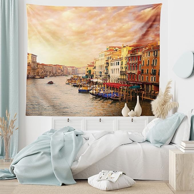 Ambesonne Scenery Tapestry, Venezia City Italian Landscape with Old Houses Gondollas and Spikes Image, Fabric Wall Hanging Decor for Bedroom Living Room Dorm, 45" X 30", Orange Yellow