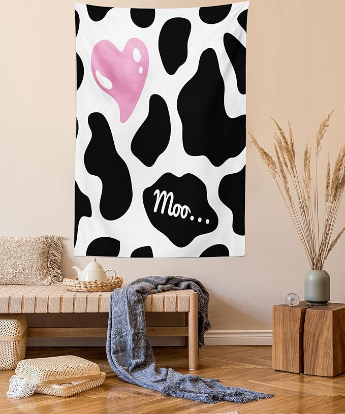 Ambesonne Cow Print Tapestry Twin Size, Camouflage Hide Skin Pattern in Pastel Color Shades Heart Shape Moo, Wall Hanging Bedspread Bed Cover Wall Decor, Twin Size, Pink Black White