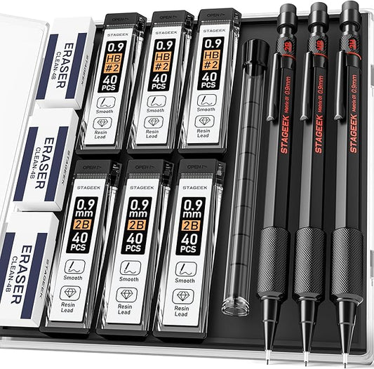 0.9mm Mechanical Pencil Set, 3PCS Metal Mechanical Pencils 0.9mm with 6 Tubes HB & 2B Lead Refills,Erasers, Weatherproof Artist Pencils with Case for Outdoor Writing Drafting Drawing