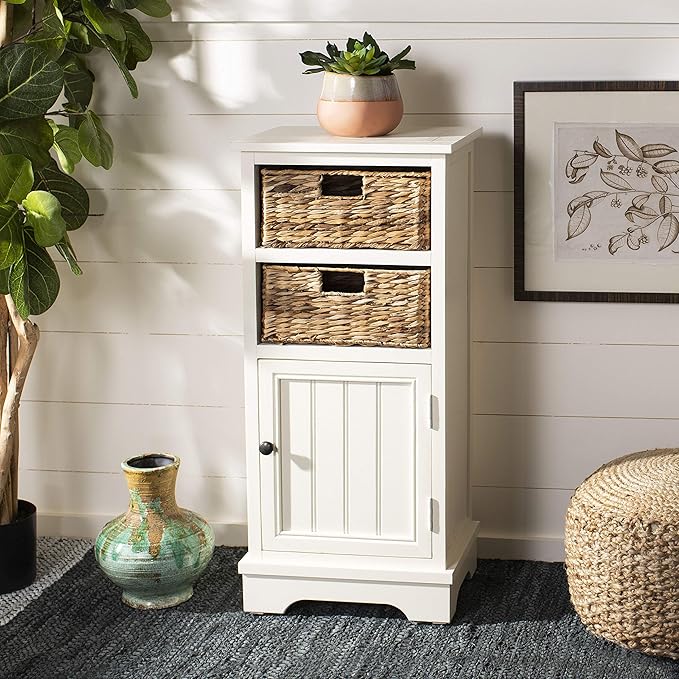 SAFAVIEH Home Collection – Connery Distressed Vintage White Storage Cabinet with Rattan Baskets & Bottom Door, Farmhouse Accent Storage, Fully Assembled (AMH5742B)