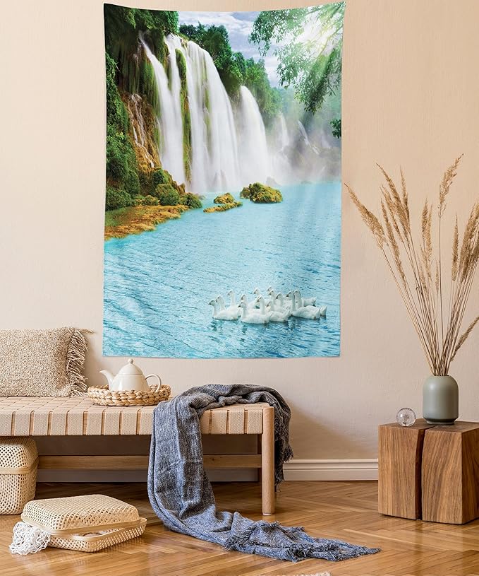 Ambesonne Waterfall Tapestry Twin Size, Image of a Grand Waterfall with Swans in the Lake Sunny Day Nature Print, Wall Hanging Bedspread Bed Cover Wall Decor, 68" X 88", White Green
