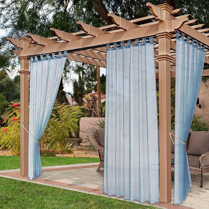 NICETOWN 2 Panels Outdoor Sheer Curtains for Patio Waterproof, Detachable Sticky Tab Top Elegant & Airy Sheer Lightweight Drapes for Pergola/Pool, Stone Blue, W54 x L108