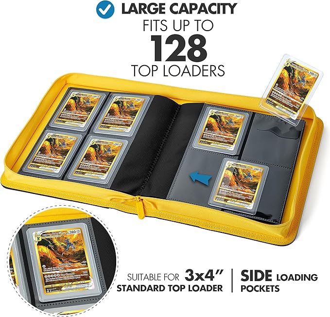 FunGuys Toploader Binder – 4 Pocket Trading Card Binder for 128 Top Loaders, Pokemon Card Binder, MTG, Yugioh, Sports Cards, TCG Storage Album, Zipper Card Collector Folder