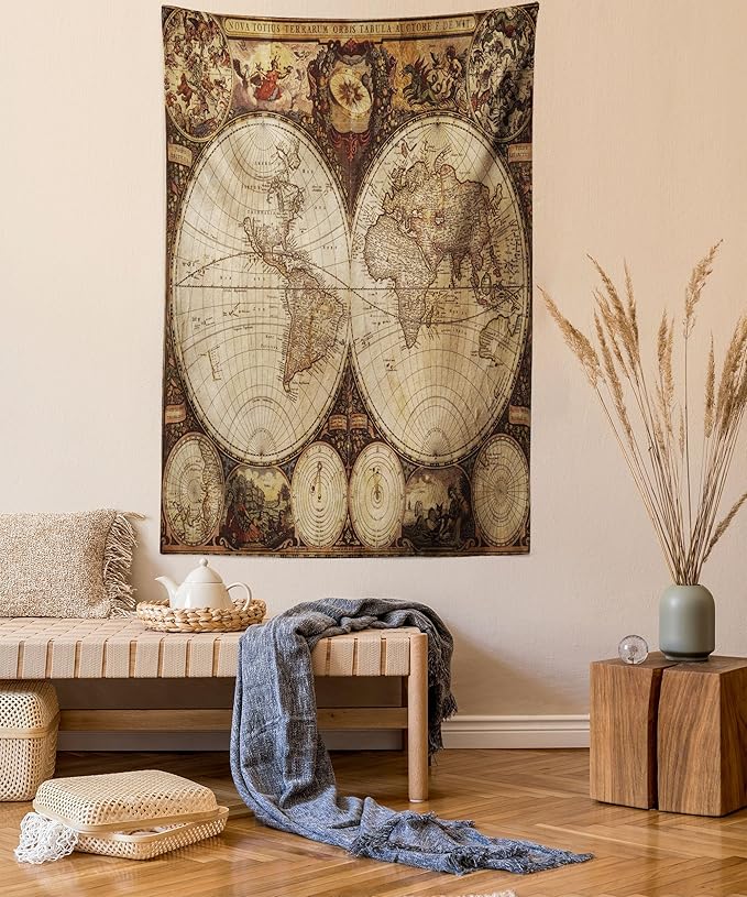 Ambesonne World Map Tapestry, Old World Map Drawn in 1720s Nostalgic Style Art Historical Atlas Vintage Design, Wall Hanging for Bedroom Living Room Dorm Decor, 40" X 60", Multicolor