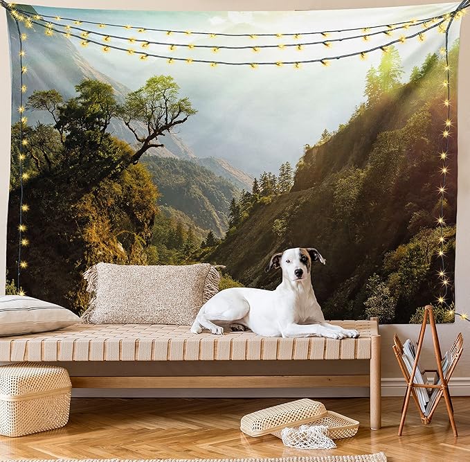 Ambesonne Landscape Tapestry Queen Size, Forest Nepal Himalaya Mountains Sunlight Majestic Scenery Nature Photo, Wall Hanging Bedspread Bed Cover Wall Decor, 88" X 88", Green Pale Yellow
