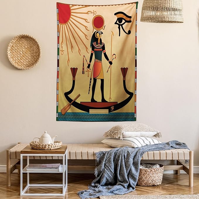 Ambesonne Egyptian Print Tapestry, Sun Old Egyptian Timeless Grace Antique Tradition Illustration, Wall Hanging for Bedroom Living Room Dorm Decor, 60" X 80", Cream Red