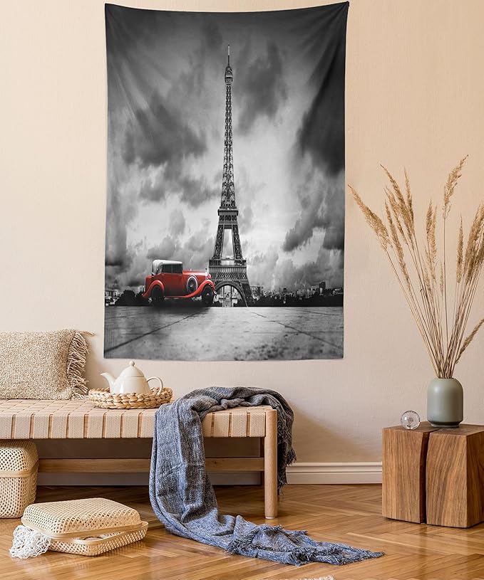 Ambesonne Eiffel Tower Tapestry, Image of Eiffel Tower Paris France Vintage Car Street Dark Clouds, Fabric Wall Hanging Decor for Bedroom Living Room Dorm, 23" X 28", Black Red