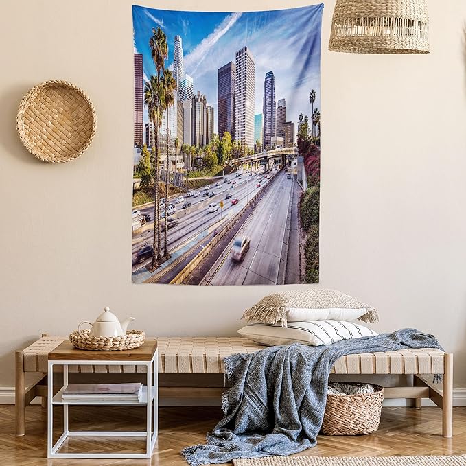 Ambesonne Travel Tapestry, Downtown Cityscape of Los Angeles California USA Avenue Buildings Palms Print, Wall Hanging for Bedroom Living Room Dorm Decor, 40" X 60", Blue Grey Green