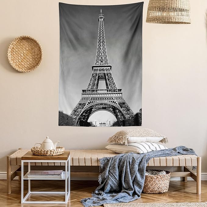 Ambesonne Eiffel Tower Tapestry Queen Size, Paris Landmark Monochrome Picture of Cityscape European Urban Famous Place Image, Wall Hanging Bedspread Bed Cover Wall Decor, 88" X 88", Grey