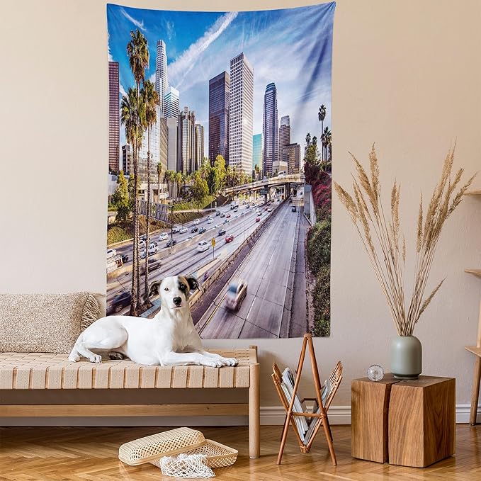 Ambesonne Travel Tapestry, Downtown Cityscape of Los Angeles California USA Avenue Buildings Palms Print, Wall Hanging for Bedroom Living Room Dorm Decor, 40" X 60", Blue Grey Green