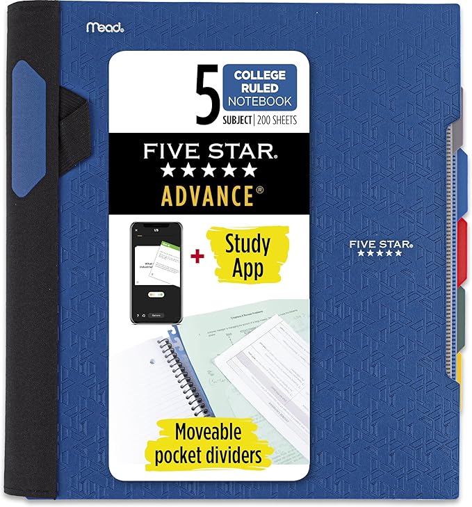Five Star Advance Spiral Notebook + Study App, 5 Subject, College Ruled Paper, 8-1/2" x 11", 200 Sheets, Spiral Guard, Movable Tabbed Dividers, Pacific Blue (73150)