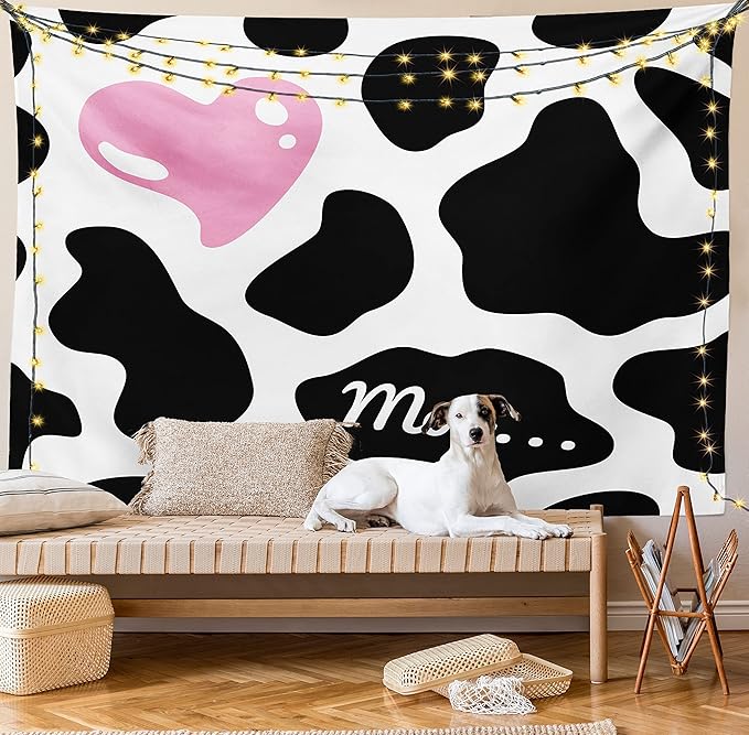 Ambesonne Cow Print Tapestry Twin Size, Camouflage Hide Skin Pattern in Pastel Color Shades Heart Shape Moo, Wall Hanging Bedspread Bed Cover Wall Decor, Twin Size, Pink Black White